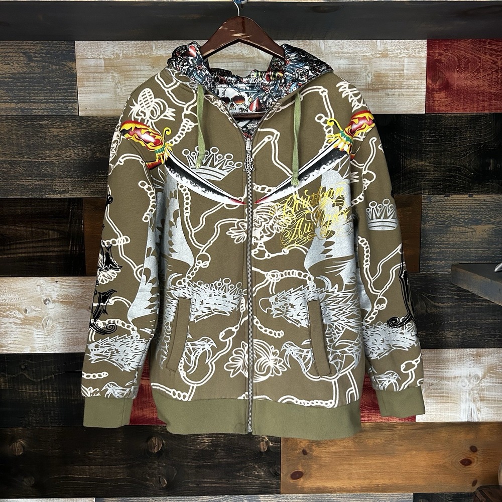 Christian Audigier by Ed Hardy Reversible Zip Up AOP Hoodie Large Rare Large